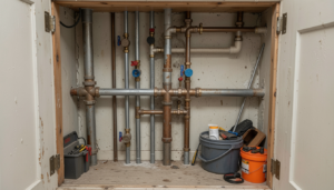 Clean exposed residential water line repair area in a Philadelphia rowhome